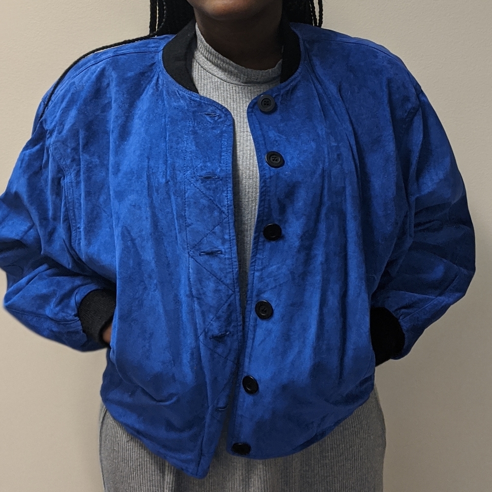 Anne Taylor vintage suede blue bomber jacket - Picture 2 of 3